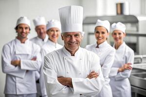 AI generated happy Smiling chef's team in his kitchen photo