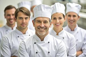 ai generado contento sonriente del chef equipo en su cocina foto