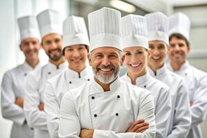 AI generated happy Smiling chef's team in his kitchen photo