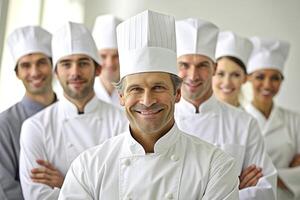 AI generated happy Smiling chef's team in his kitchen photo