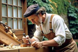 ai generado carpintero trabajando en carpintería máquinas en carpintería tienda. hombre trabajos en un carpintería tienda. foto