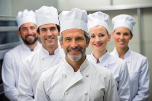 AI generated happy Smiling chef's team in his kitchen photo