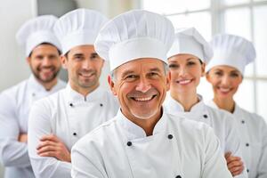 AI generated happy Smiling chef's team in his kitchen photo