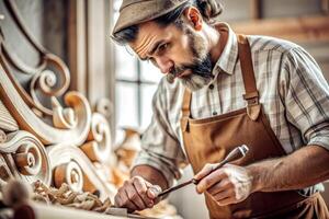 AI generated Carpenter working on woodworking machines in carpentry shop. man works in a carpentry shop. photo