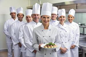 AI generated happy Smiling chef's team in his kitchen photo