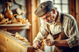 AI generated Carpenter working on woodworking machines in carpentry shop. man works in a carpentry shop. photo