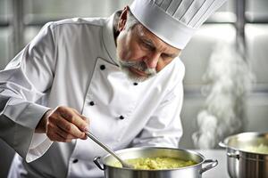 ai generado cocinero en hotel o restaurante cocina cocinando, solamente manos, él es trabajando en el salsa foto