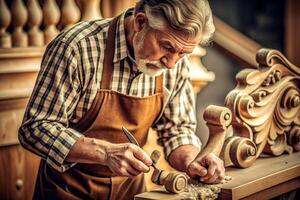 AI generated Carpenter working on woodworking machines in carpentry shop. man works in a carpentry shop. photo