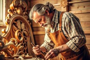 AI generated Carpenter working on woodworking machines in carpentry shop. man works in a carpentry shop. photo