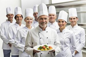 AI generated happy Smiling chef's team in his kitchen photo