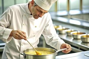 ai generado cocinero en hotel o restaurante cocina cocinando, solamente manos, él es trabajando en el salsa foto