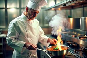 AI generated Chef in hotel or restaurant kitchen cooking, only hands, he is working on the sauce photo