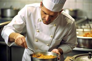 ai generado cocinero en hotel o restaurante cocina cocinando, solamente manos, él es trabajando en el salsa foto