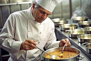 AI generated Chef in hotel or restaurant kitchen cooking, only hands, he is working on the sauce photo