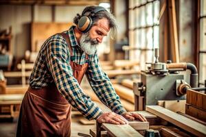 AI generated Carpenter working on woodworking machines in carpentry shop. man works in a carpentry shop. photo