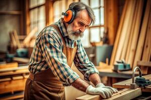 ai generado carpintero trabajando en carpintería máquinas en carpintería tienda. hombre trabajos en un carpintería tienda. foto