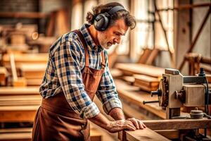 AI generated Carpenter working on woodworking machines in carpentry shop. man works in a carpentry shop. photo