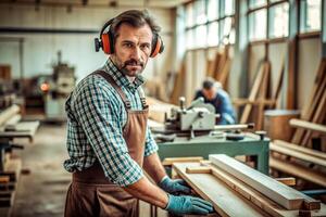 AI generated Carpenter working on woodworking machines in carpentry shop. man works in a carpentry shop. photo