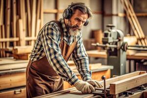 AI generated Carpenter working on woodworking machines in carpentry shop. man works in a carpentry shop. photo