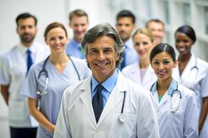 AI generated happy multiracial medical professionals standing in hospital photo