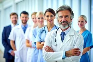 AI generated happy multiracial medical professionals standing in hospital photo