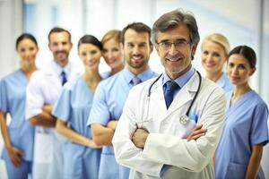 AI generated happy multiracial medical professionals standing in hospital photo