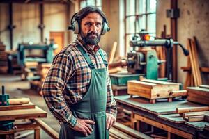 AI generated Carpenter working on woodworking machines in carpentry shop. man works in a carpentry shop. photo