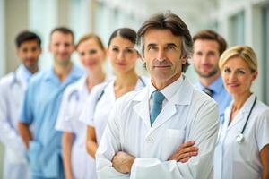 AI generated happy multiracial medical professionals standing in hospital photo