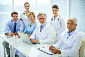 AI generated happy multiracial medical professionals standing in hospital photo