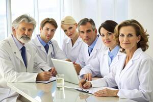 AI generated happy multiracial medical professionals standing in hospital photo