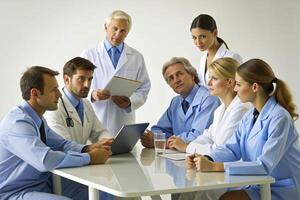 AI generated happy multiracial medical professionals standing in hospital photo