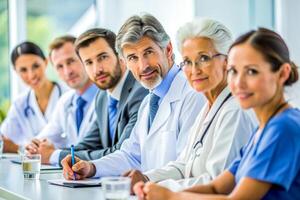 AI generated happy multiracial medical professionals standing in hospital photo