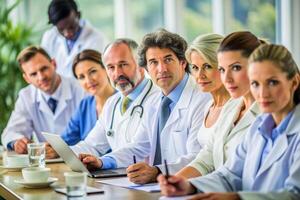 AI generated happy multiracial medical professionals standing in hospital photo