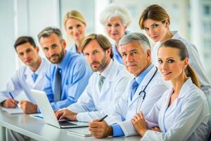 AI generated happy multiracial medical professionals standing in hospital photo