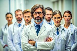 AI generated happy multiracial medical professionals standing in hospital photo