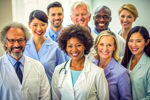 AI generated happy multiracial medical professionals standing in hospital photo