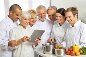 ai generado moderno cocina equipo cocineros tableta foto