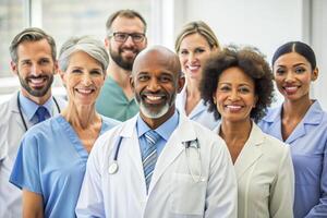 ai generado contento multirracial médico profesionales en pie en hospital foto