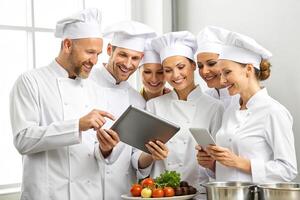 AI generated Modern Kitchen Team Cooks Tablet photo