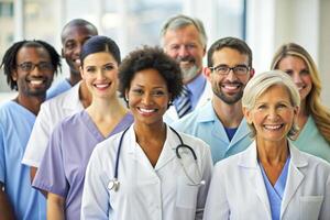 AI generated happy multiracial medical professionals standing in hospital photo