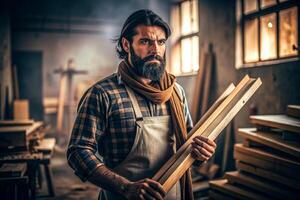 AI generated senior male carpenter holding wood photo