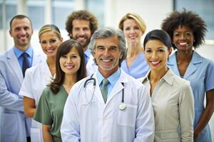 AI generated happy multiracial medical professionals standing in hospital photo