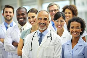 AI generated happy multiracial medical professionals standing in hospital photo