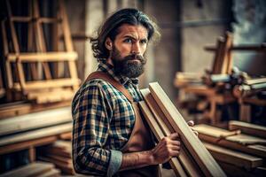 AI generated senior male carpenter holding wood photo