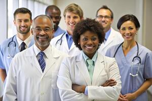 AI generated happy multiracial medical professionals standing in hospital photo