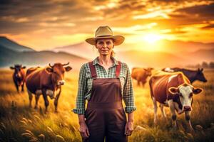 ai generado hembra granjero vacas puesta de sol foto