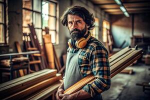 AI generated senior male carpenter holding wood photo