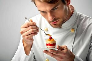 AI generated man chef decorating  delicious dessert. photo
