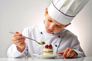 ai generado hombre cocinero decorando delicioso postre. foto