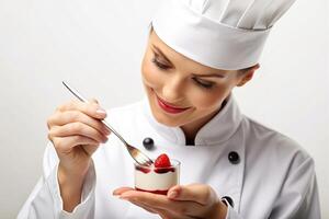 ai generado hermosa cocinero decorando delicioso postre. foto